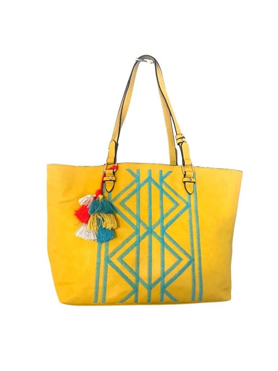 Kate Landry Handbags - Kate Landry Bright Yellow Tote Bag Turquoise Embroidery Gorgeous Tribal Vibe
